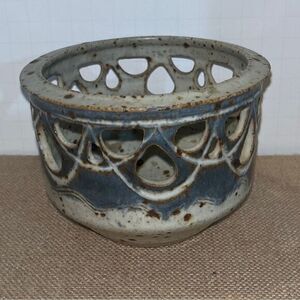 Studio Art Handmade Pottery BOWL with cut outs ~ speckle Signed PM 1978 blue tan